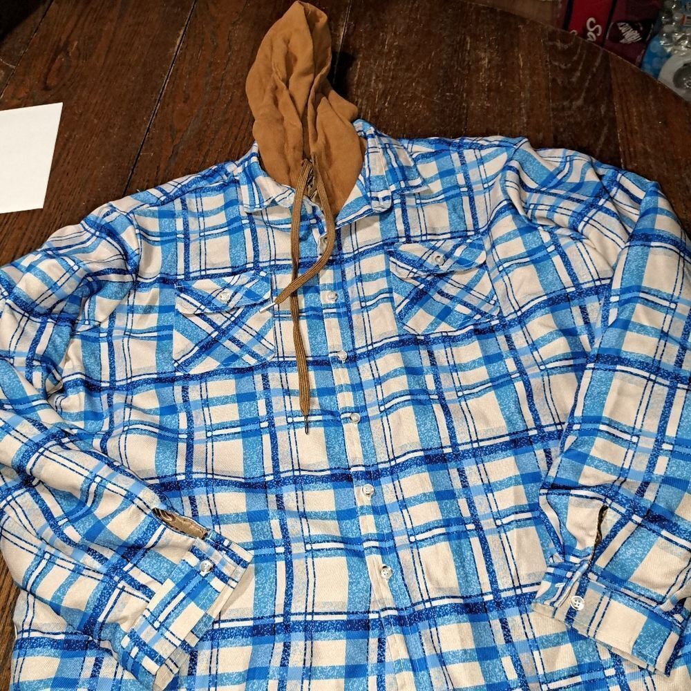 XL Blue Tan Brown Long Sleeve Quilted  Lined Full Zip Hooded Jacket Hoodie
